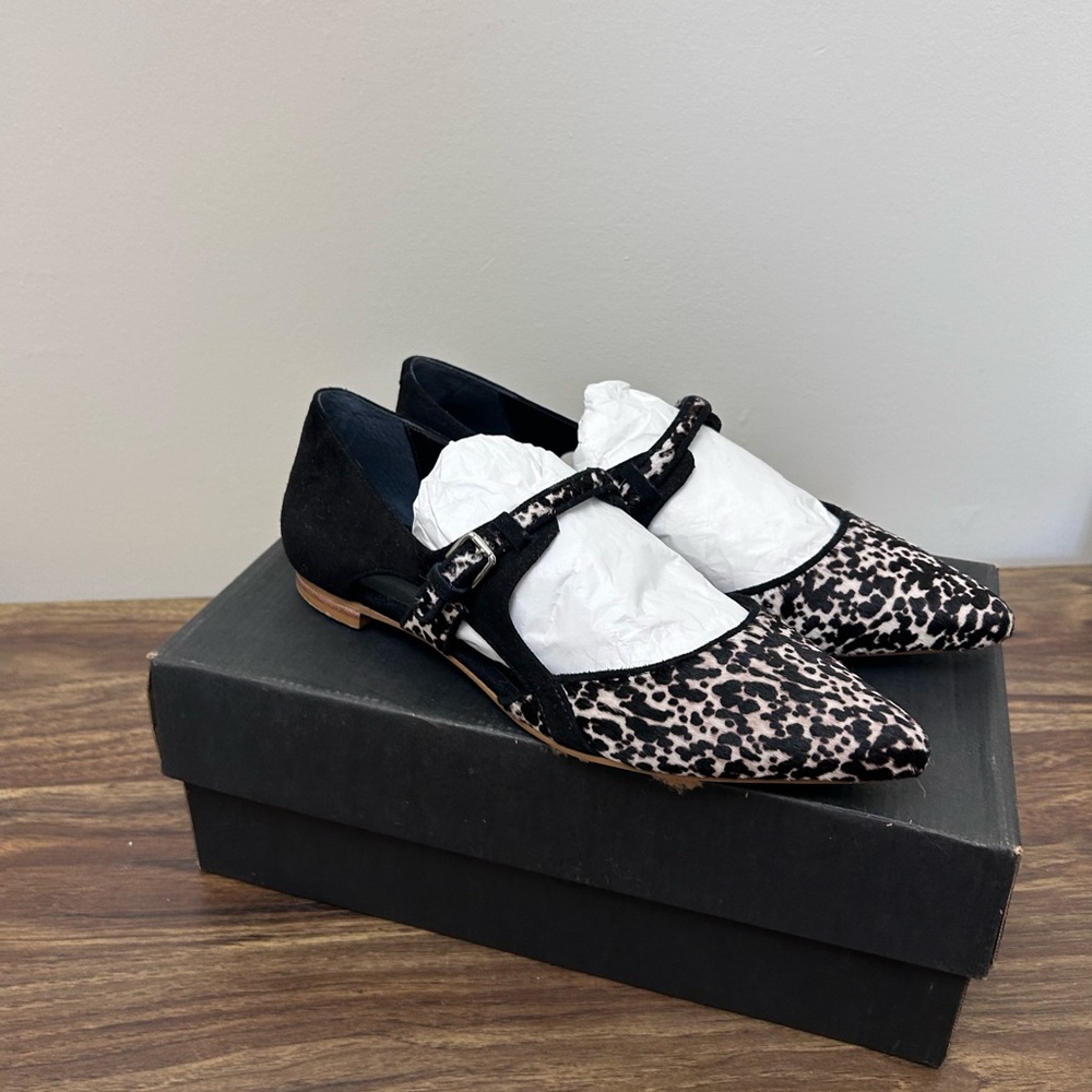 Anthropologie Black and Leopard Print Pointed Mary Jane Flats